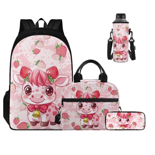 Pink Fruit Cow Backpack for School Girls 3rd Grade Boys Bookbag with Lunch Box Water Bottle Holder and Kawaii Big Pencil Case 4 PCS Sturdy Lightweight Back Packs with Compartment - color: Pink Fruit Cow