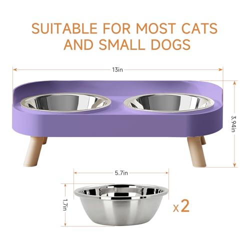 Elevated Cat Bowl, Raised Cat Food and Water Bowl Set for Indoor Cats, Splash Proof with 2 Stainless Steel Pet Food Bowls for Cats and Puppies, Whisker Fatigue and Dishwasher Safe - Purple - color: Cat Bowls-Purple