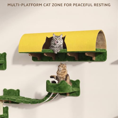 16-in-1 Cat Wall Shelves, Cat Furniture w/Tunnel & Bridge, Green | Wall Mounted Cats Shelf Set with Plush Fabric, Cat Climbing Wall Systems for 16 Inch Drywall, with Scratching Posts, Condos - color: Green, size: 16-in-1