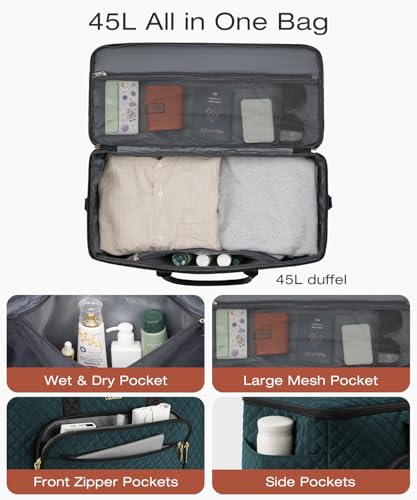 Travel Duffle Bag, Wide Open Large Weekender Bag for Women with Shoe Compartment, Carry on Overnight Bags with Toiletry Bag, Hospital Bag for Women Labor Delivery with Wet Pocket (Dark Green) - color: Dark Green-Black, size: 45L