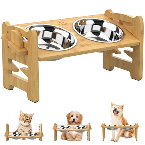 Jovrun Elevated Dog Bowls, Adjustable Raised Dog Bowl Stand for Small Size Dogs and Cats, 15°Tilted Elevated Cat Bowls, Durable Bamboo Dogs Feeder with 2 Stainless Steel Bowls and Non-Slip Feet - color: Bamboo, size: 2″-7″For Small Dogs and Cats