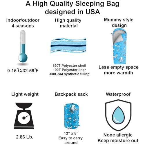 KidzAdventure Mummy Style 32 – 59F Kids Sleeping Bag with Pillow Sleeve, 4 Season, Lightweight and Backpacking Style, Ideal for Camping, Sleepover, Boys, Girls, and Youth - color: Aqua youth up to 5\'7"