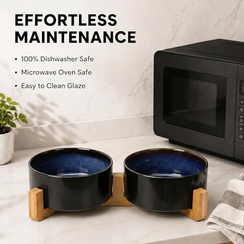 SPUNKYJUNKY Ceramic Dog and Cat Bowl Set with Wooden Stand, Modern Cute Weighted Food Water Set for Small Size Dogs (13.5OZ) & Medium Sized Dogs (28.7OZ) & Cats (3.6 Cups, 2 × Starry Blue) - color: Starry Blue × 2, size: 3.6 cups