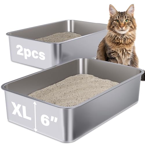 Stainless Steel Litter Box 2 Pack, Metal Litter Box XL | 23.6" X 15.7" X 6" Extra Large Steel Litterbox for Big Cat, Multiple Cats, Non Stick, No Smell, Easy Cleaning - size: 2 Pack-X-Large (23.6"×15.7"×6")