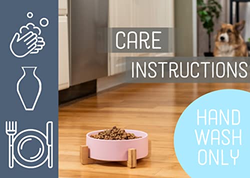 NAT & Jules Large Pink 8 inch Stoneware Ceramic and Wood Pet Bowl with Stand - color: Pink