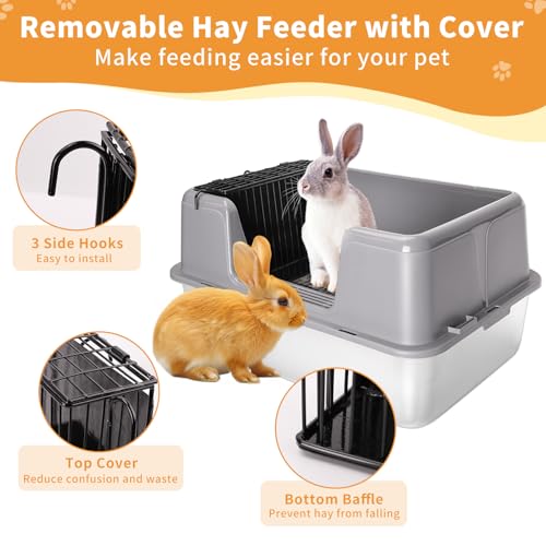XXXL Rabbit Litter Box, 23.6" L x 15.7" W x 12.4" H Stainless Steel Rabbit Litter Box with Lid, Hay Feeder with Hooks, Footed Metal Grid, Easy to Clean for Medium and Large Rabbits