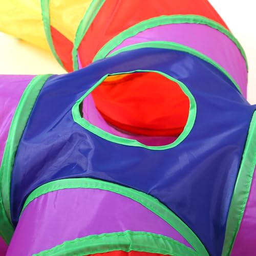 Pet Cat Tunnel, 4 Way Tunnels for Indoor Cats, Collapsible Pet Tunnel for Kitten, Puppy, Rabbit, 25cm-Wide Tunnels, Durable & Breathable, with Peek Hole Toy Ball - color: Angled 4-way Junction Tunnel & Rainbow