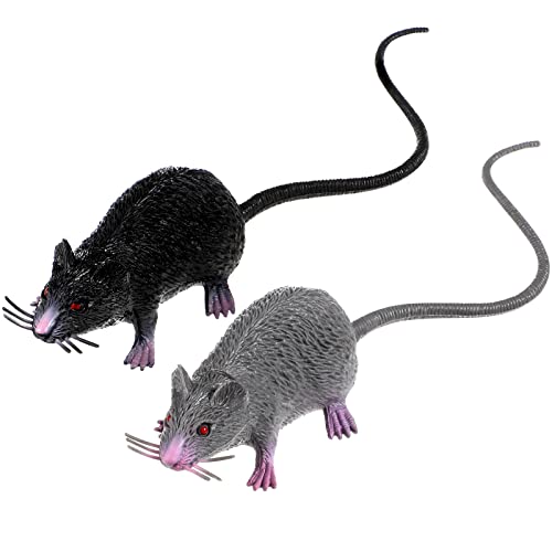 Fake Rat Prank Toy 2 Pack, Realistic Mouse with Long Tails | Lifelike Scary Prop for Halloween Parties, April Fools’ Day Pranks, Haunted House Decor, Non-Toxic Plastic, Black/Gray