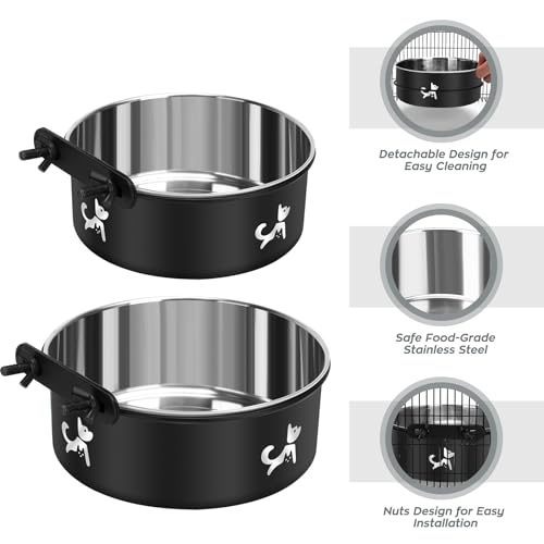 Dog Crate Water Bowl No Spill, 2 Pack Hanging Dogs Kennel Water Food Bowls, Stainless Steel Mountable Pet Bowl Metal Feeder Coop Cup Cage Accessories for Puppy Cat Rabbit Guinea Pigs Ferret Bird - color: Black
