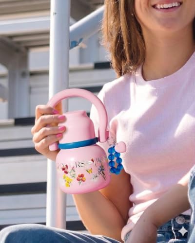 22 oz Leakproof Insulated Water Bottle with Handle Dual Lid Flowers | 316L Stainless Steel | Dual Drinking Options | BPA-Free | Steel | Cold 24H & Hot 12H | Wide Mouth Design | Easy Cleaning - color: Floral pink
