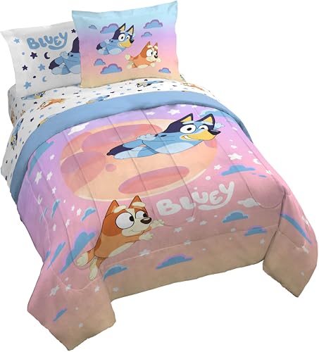 Jay Franco Bluey & Bingo Queen Comforter Set - 7 Piece Bedding Includes Sheet Set & Pillow Covers - Super Clouds & Stars Cozy Bedding - color: Multi - Bluey, size: 7 Piece Queen
