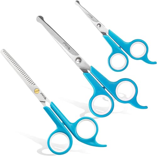 3 Pc Dog Grooming Scissors Kit - 7" Scissor For Body Hair Trimming, 6" Small Micro-serrated Scissor For Face, Ear, & Paws, Thinning Shears For Dogs - Professional Dog Grooming Kit For Cat & Pet - size: 3 Pack