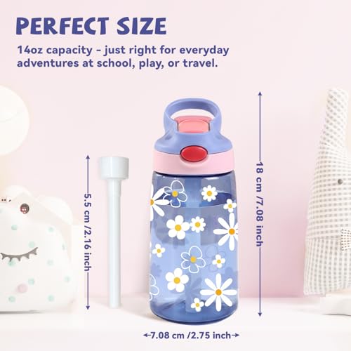 Kids Plastic Water Bottle - Cute Daisy Water Bottles for Kids, 14oz Plastic Water Bottle with Straw Lid, Leakproof BPA-Free Daisy Water Bottles for Home Sports Travel, Pop-Up Straw Cover, Purple - color: Cute Daisy