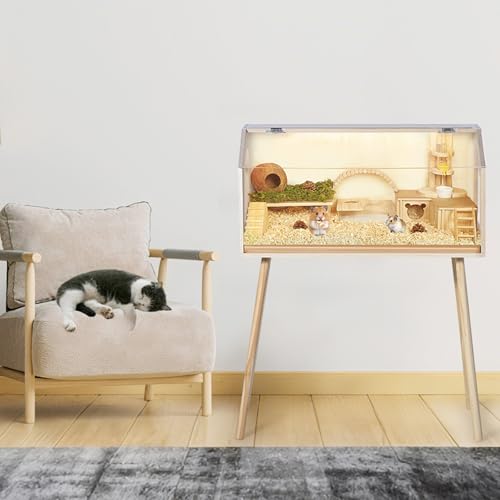 Spacious Wooden Hamster Cage with Acrylic Window & Openable Top – Raised Legs, Seesaw, Platforms, Water Bottle – Chew-Proof Habitat for Dwarf Syrian Hamster, Gerbil, Mouse, Rat – Small Size 81 - size: 32" L x 16" W x 40" H