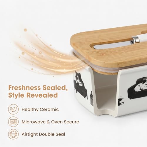 Cute Cat Kitten Print Ceramic Butter Dish with Bamboo Lid & Butter Knife, Covered Butter Container, Butter Keeper Fits Standard Western Butter Stick for Kitchen Countertop Fridge Storage - color: funny cat