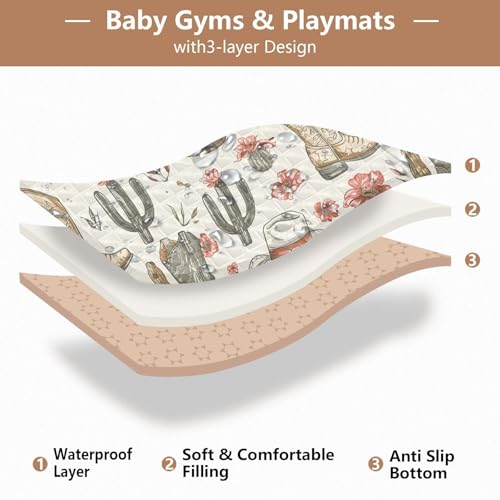 Baby Play Mat Cowboy Boot Hats Western 50 x 50 Playpen Mats for Floor Play Gym Crawling Mat Non-Slip Cushioned Baby Playmat for Infants, Babies, Toddlers - color: Multi 19