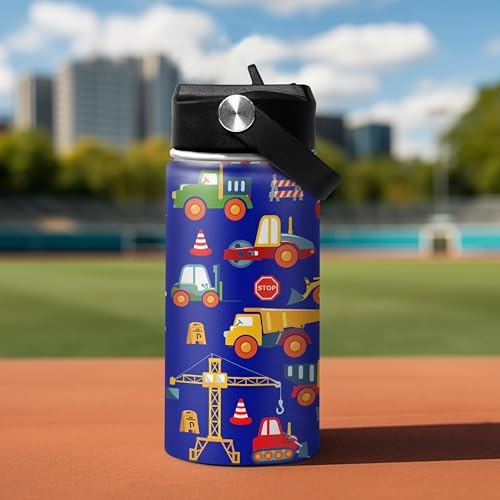 Kids Water Bottle with Straw Construction Insulated Water Bottles 12oz Stainless Steel Travel School Tumbler Double Wall Vacuum Cup for Boys Kid - color: Construction 2