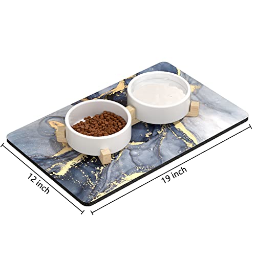 Rnivvi Dog Food Mat, 12" x 19" Marble Absorbent Dog Cat Bowl Mat for Food and Water, Cute Anti-Slip Rubber Pet Feeding Rug Protect Floors, Puppy Placemat for Feeding & Watering Supplies, Grey - color: Grey Gold Mable, size: 12"x19" (Regular)