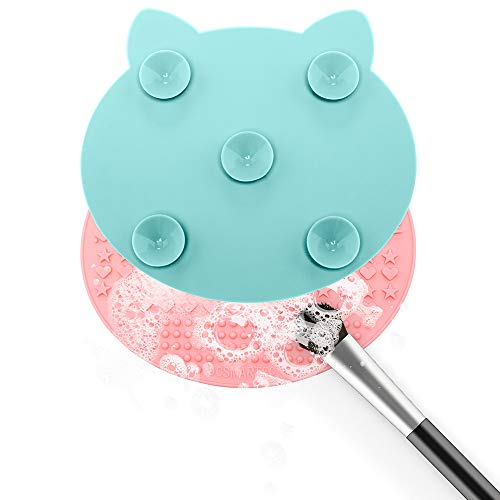 2Pack Makeup Brush Cleaning Mat, Cute Cat Ear Animal Design Silicone Brush Cleaner Pad with Suction Cups (Pink+Green) - color: Pink+Green