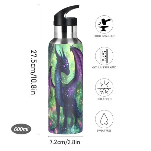 Purple Dragon Water Bottle Kids Insulated Sports Vacuum Stainless Steel Mug with Straw Lid & Handle 20 oz - color: A001
