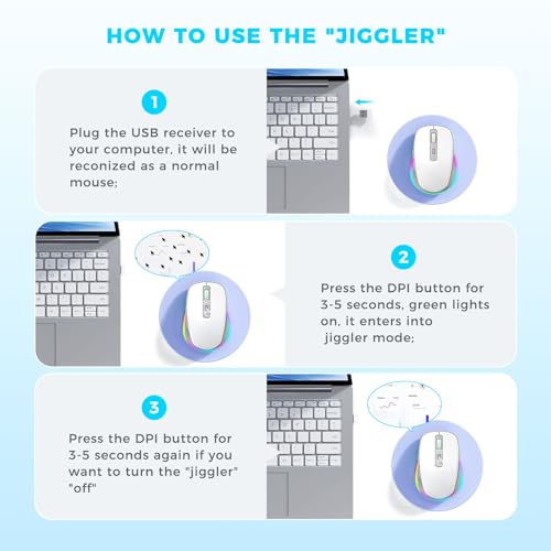 PEIOUS Wireless Mouse Jiggler - Keep Computers Awake, White & Grey | Rechargeable LED Mouse, Silent Clicks, Adjustable DPI and Random Movement Keep Computers Awake for Laptop/PC/Mac - color: White & Grey