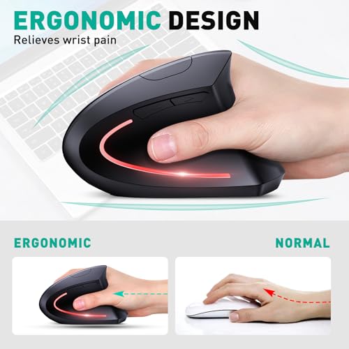 JYKEYMOUT Bluetooth and 2.4G (2-in-1) Rechargeable Wireless Mouse, Ergonomic Vertical Design, 1000/1200/1600 DPI, 6 Silent Buttons, for Laptop, Computer, PC, MacBook, Chromebook-Black - style: DPI-1600