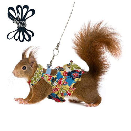 Squirrel Harness and Leash Set, Adjustable Flora Blue Printing, for Ferret, Squirrel, Dwarf Chinchilla, Guinea Pig, Fancy Rat - size: Large
