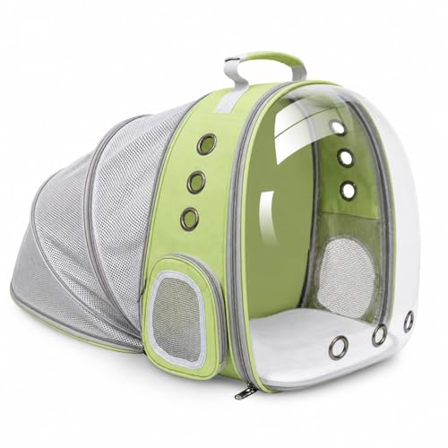 Expandable Cat Carrier Backpack with Bubble Window and Mesh, Light Green | Anti-collapse frame, breathable mesh, escape-resistant zipper clips and safety leash for vet visits and outdoor travel. - color: LightGreen