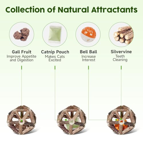 Potaroma Catnip Toys, 3Pcs Cat Toys Natural Silvervine Stick Cage Balls & Bell Ball for Indoor Cats, Kitten Cleaning Teeth Molar Matatabi Cat Chew Toy All Breeds | Kitten Cleaning Teeth Molar Matatabi Cat Chew Toy for Indoor Cats All Breeds with Bell