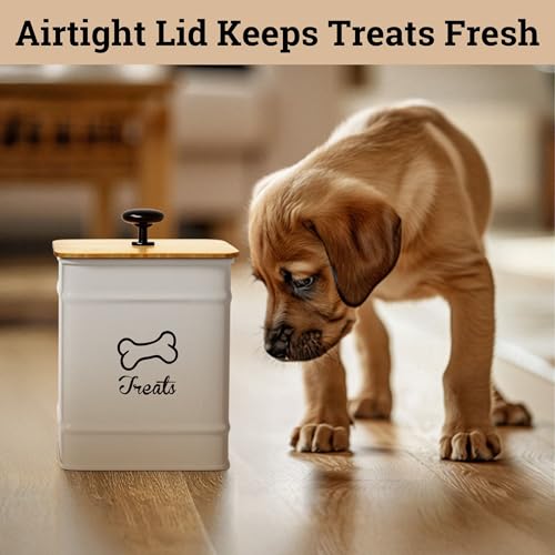 Dog Treat Container with Airtight Bamboo Lid, 5"W x 7"H, 7 Cup Capacity | Fits Most Popular Treats, 7 Cups Capacity, Airtight Bamboo Lid, Easy Open Metal Lid Handle, Dent-Resistant Durable Metal - color: White - Small