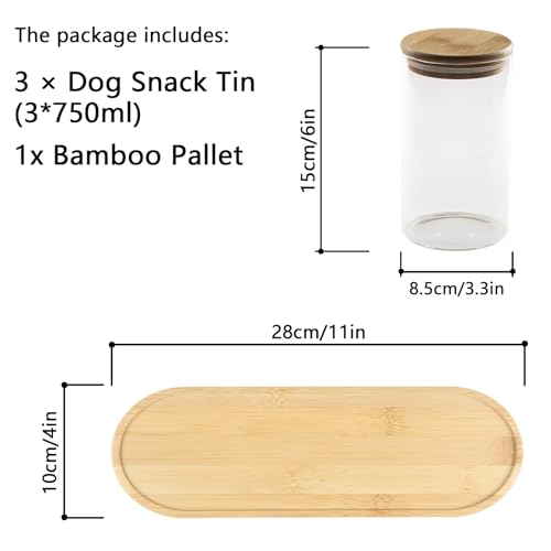 Dog Treat Jar-Dog Treat Container-with 3 Glass Jars and1bambootray,Fashionable Treat Containers with Lids for Pets-Cat Treat Container Glass & Bamboo Combo Set,for Cat Dog Treat Organizer(3 * 25oz)