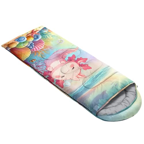 QOOMO Camping Sleeping Bags,3 Season Warm & Cool Weather,Lightweight,Waterproof Sleeping Bags for Adults & Kids,Traveling,and Outdoors,Camping Gear Equipment - color: cartoon axolotl