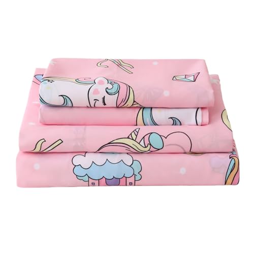 Twin Sheet Set for Girls Pink Unicorn Rainbow Themed Kids Bed Sheet | 3 Pieces Soft Breathable Printed Microfiber Bed Sheet for Kids Room, 15-inch Deep Pocket Fitted Sheet and Pillowcase Set - color: Unicorn, size: Twin