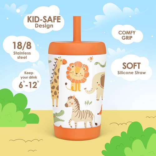 SANDJEST Kid Insulated Stainless Steel Tumbler with Silicone Straw, 12oz Sippy Cup for Kids (Jungle Animals) - color: Animal 1