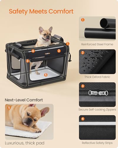 Feandrea Collapsible Dog Crate, Portable Travel Crate, 24-Inch | Oxford Fabric Pet Carrier with 4 Mesh Doors, Handles, Storage Pocket, Water Bottle Holder, UPDC016B01 - size: 24.0"L x 16.5"W x 16.5"H