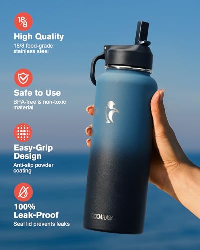 Coolflask 40 oz Water Bottle Insulated with Straw & 3 Leakproof Lids | Water Flask Stainless Steel Triple-Wall Vacuum,Cold 48+h,Dishwasher Safe,Wide Mouth, BPA-Free,Carrier Bag,for Gym,Hiking - color: Samurai Cyan, size: 40 Ounces