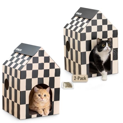 Conlun 2-Pack Cat Scratching Pad House Indoor Cave <13 lbs | 2-pack cozy caves, heavy-duty cardboard | traps messy crumbs, quick setup | ideal for multiple cats up to 13 lbs - size: Medium - 2 Pack