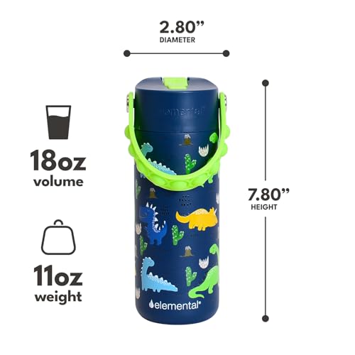 Elemental Insulated Kids Water Bottle, Stainless Steel Water Bottle with Straw Lid & Pop-It Handle, Leak-Proof Water Bottles for School, Boys or Girls, Travelling and Sports, 18oz - Dinosaur - color: Dinosaur