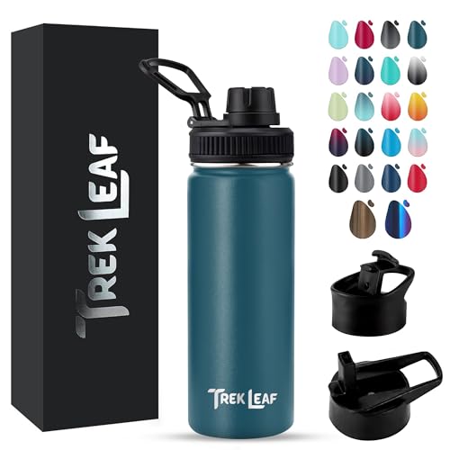 Travel Water Bottle with 3 Lids (Spout, Straw, Flip) Leak Proof, Quality, Vacuum Insulated, Stainless Steel (Cascade Teal, 18 oz) - color: Cascade Teal, size: 18 Ounces