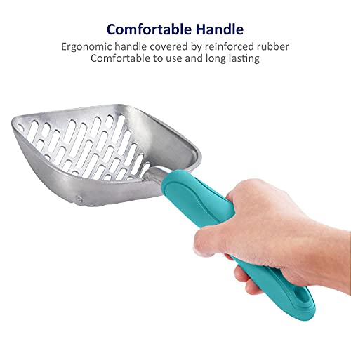 Cat Litter Scoop, Aluminum Alloy Sifter, Kitty Metal Scooper, Deep Shovel with Diagonal Sifting Hole, Long Handle, Kitten Poop Lifter for Litter Box, Medium Size, Turkish Blue Handle - color: #02 Turkish Blue, size: Medium