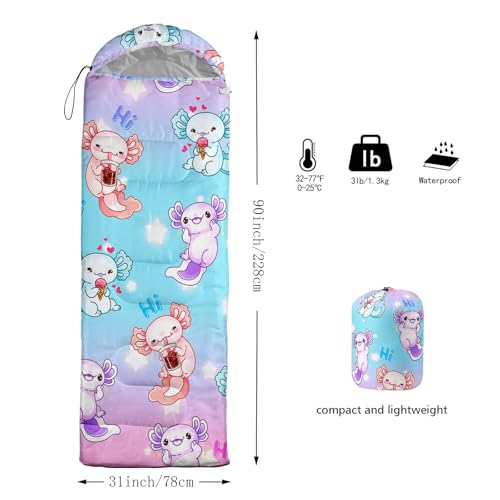 QOOMO Camping Sleeping Bags,3 Season Warm & Cool Weather,Lightweight,Waterproof Sleeping Bags for Adults & Kids,Traveling,and Outdoors,Camping Gear Equipment - color: axolotl