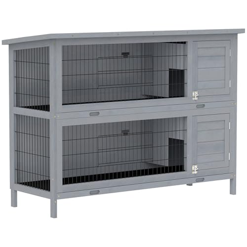 PawHut 54" 2-Story Large Rabbit Hutch Bunny Cage Wooden Pet House Small Animal Habitat with Lockable Doors, No Leak Tray and Waterproof Roof for Outdoor/Indoor Grey | Wooden Pet House, Small Animal Habitat, No Leak Tray, Waterproof Roof, for Chickens Duck