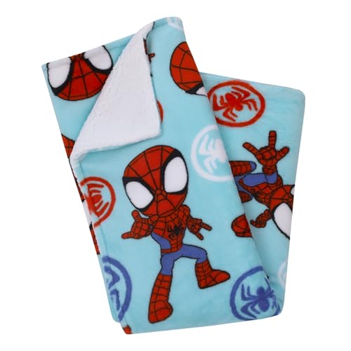 Marvel Spidey Light Blue, Red and White Super Soft Sherpa Toddler Blanket - color: Spidey - Blue and Red