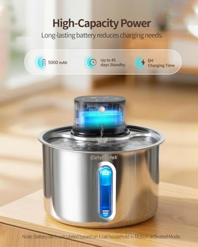 Cordless Stainless Steel Cat Water Fountain Battery Operated Pet Fountain | 74oz/2.2L Wireless Pet Water Fountain for cats indoor- Quiet Automatic Cat Fountain with 5000mAh Battery -Easy to clean