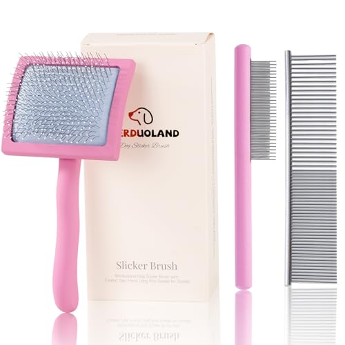 Pink Slicker Brush for Long Haired Dog Wooden Handle Coated Pins | Gently Grooming Slicker Brush, Ergonomic Wooden Handle, Long-Haired Dogs, Long Pins for Grooming Goldendoodles Poodles - color: Pink