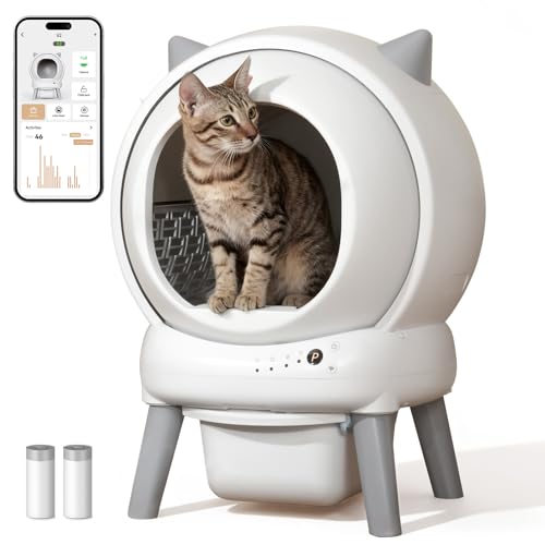 Automatic Litter Box, Self Cleaning Cat Litter Box for Multiple Cats with App Control,Quiet Control, Smart Litter Box for Cats, with 2 Roll Trash Bag and Litter Mat - color: Grey White