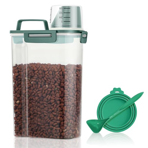 TBMax Small Dog Food Storage Container 3 Qt with Cat Food Can Cover and Mixing Spoon, Portable Travel Pet Food Dispenser with Large Spout and Cup -Bottle Green - color: Dark Green 3Qt