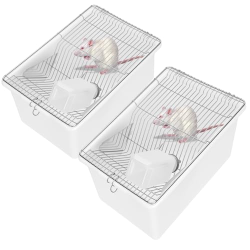 2-Pack Lab Mouse Rat Rodent Cage, PP High Temperature High Pressure with 250 ML Silicone Water Bottle Aluminum Food Retaining Plate for 5-6 Mice or 1-2 Rats (12.59"x8.46"x6.69")