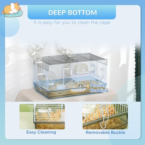 PawHut Hamster Cage, 2 Levels Gerbil Cage, Small Animal Cage for Dwarf Hamster with Tubes and Tunnels, Exercise Wheel, Food Dish, Water Bottle, Ramp, 23" x 13" x 12", Gray | Gerbil Habitat, Small Animal Cage, Tubes and Tunnels, Exercise Wheel, Food Dish,