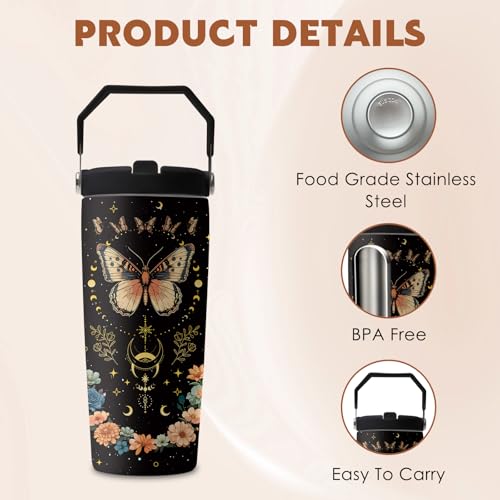 Butterfly 28 oz Tumbler, with Handle Lid Straw, Stainless Steel Cup | 28oz Insulated Tumbler, Travel Leak Proof Water Bottle, Thanksgiving Christmas Birthday Gift for Animal Moon Butterfly Lovers - color: Black